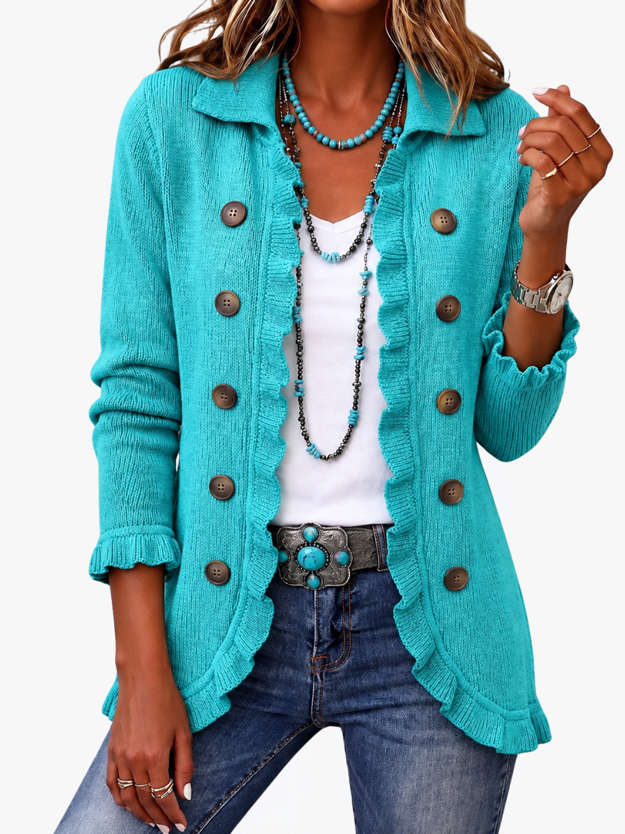 ROUSSEAU BORDEAUX | VESTE EN TRICOT TURQUOISE À VOLANTS POUR FEMMES