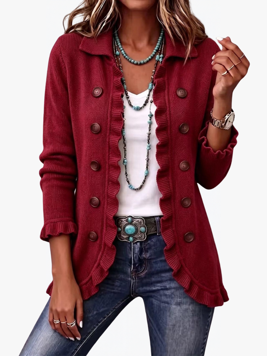 ROUSSEAU BORDEAUX | VESTE EN MAILLE ROUGE RUBIS À VOLANTS POUR FEMMES