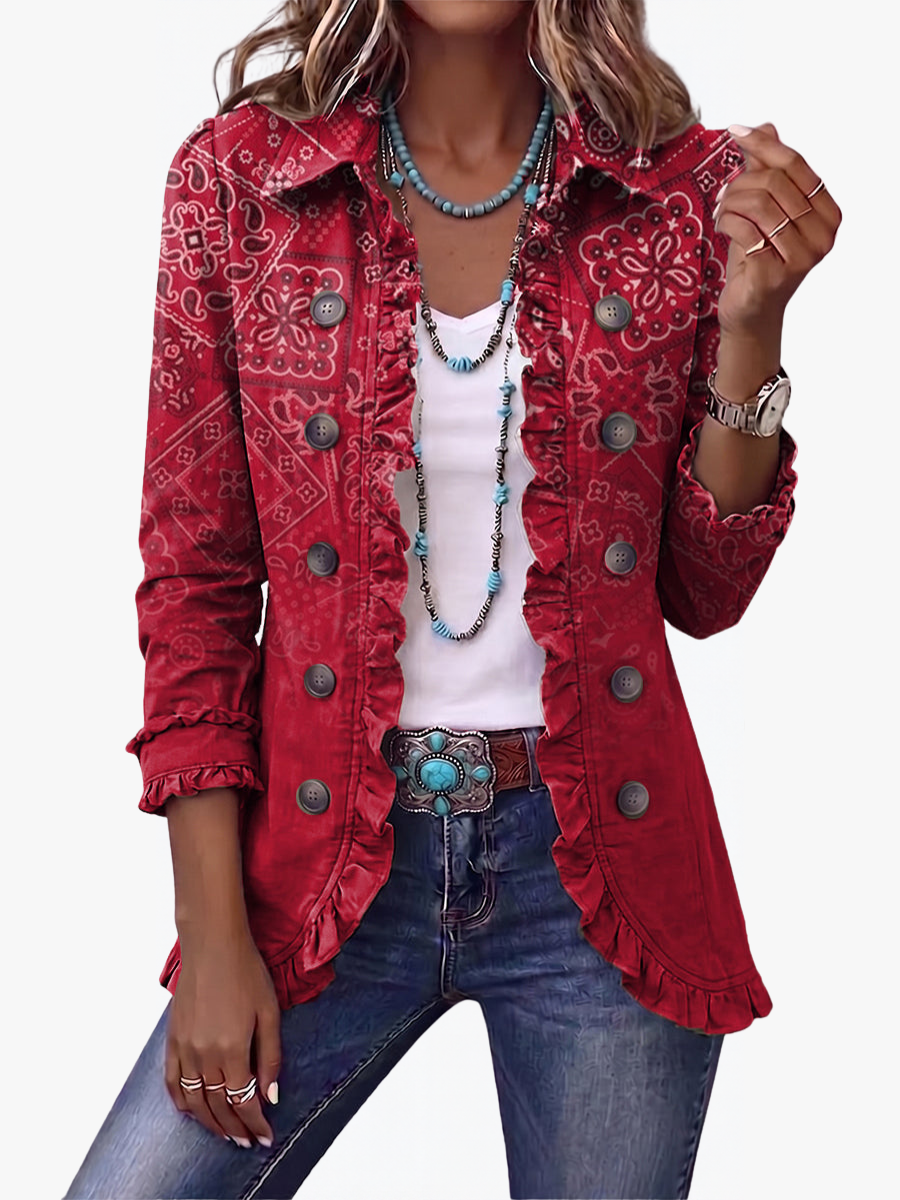 ROUSSEAU BORDEAUX | VESTE À MOTIF PAISLEY DÉGRADÉ À VOLANTS POUR FEMMES