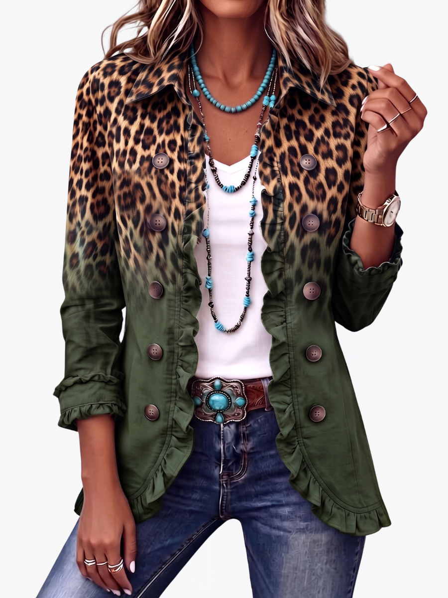 ROUSSEAU BORDEAUX | BLAZER LÉOPARD VERT À VOLANTS POUR FEMMES
