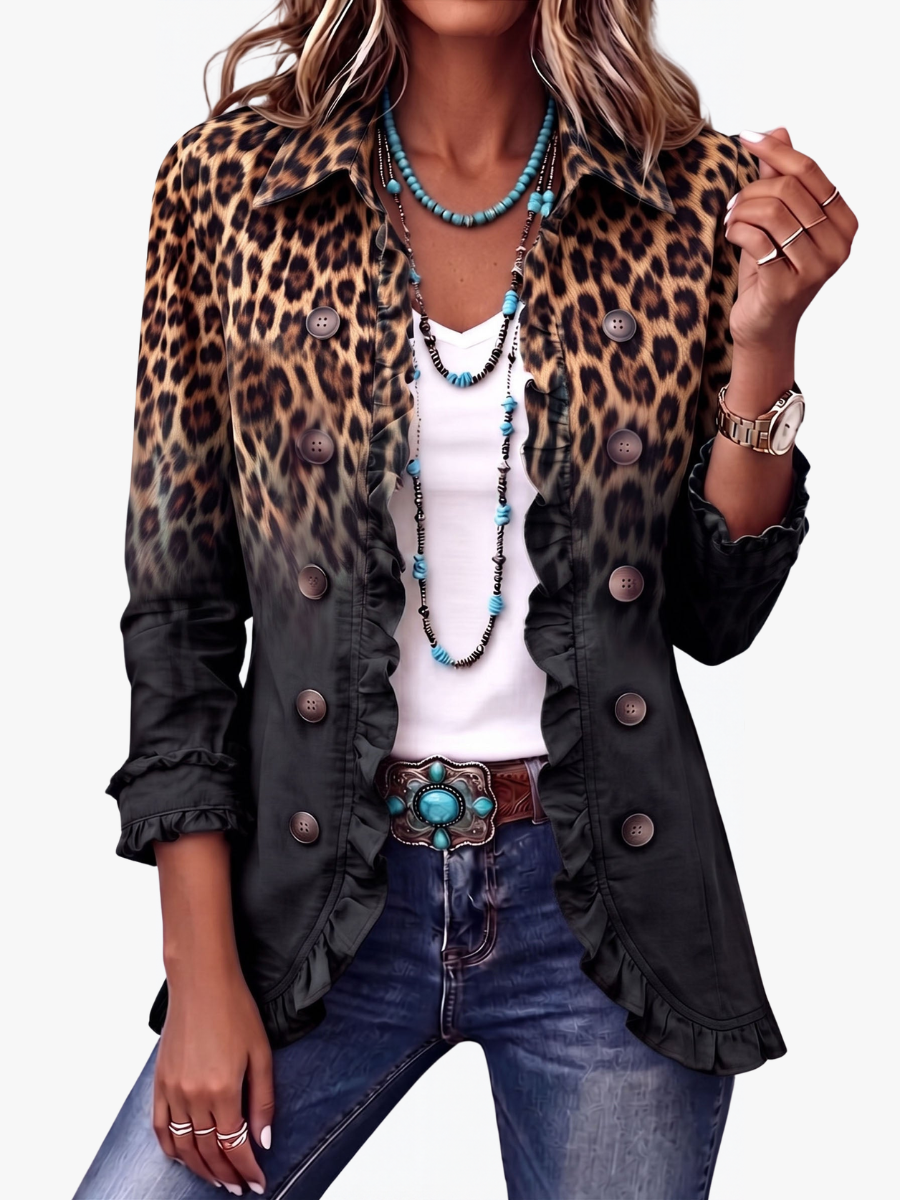 ROUSSEAU BORDEAUX | BLAZER LÉOPARD NOIR À VOLANTS POUR FEMMES