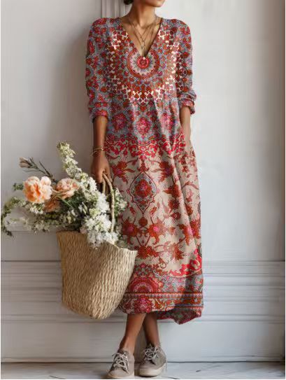 ROUSSEAU BORDEAUX| ROBE MIDI EN LIN FLORAL ANCIEN POUR FEMMES