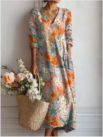 ROUSSEAU BORDEAUX| ROBE MIDI EN LIN FLORAL ANCIEN POUR FEMMES