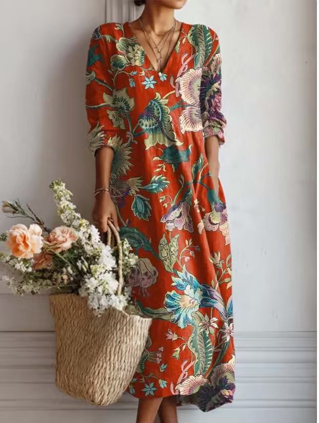 ROUSSEAU BORDEAUX| ROBE MIDI EN LIN FLORAL ANCIEN POUR FEMMES
