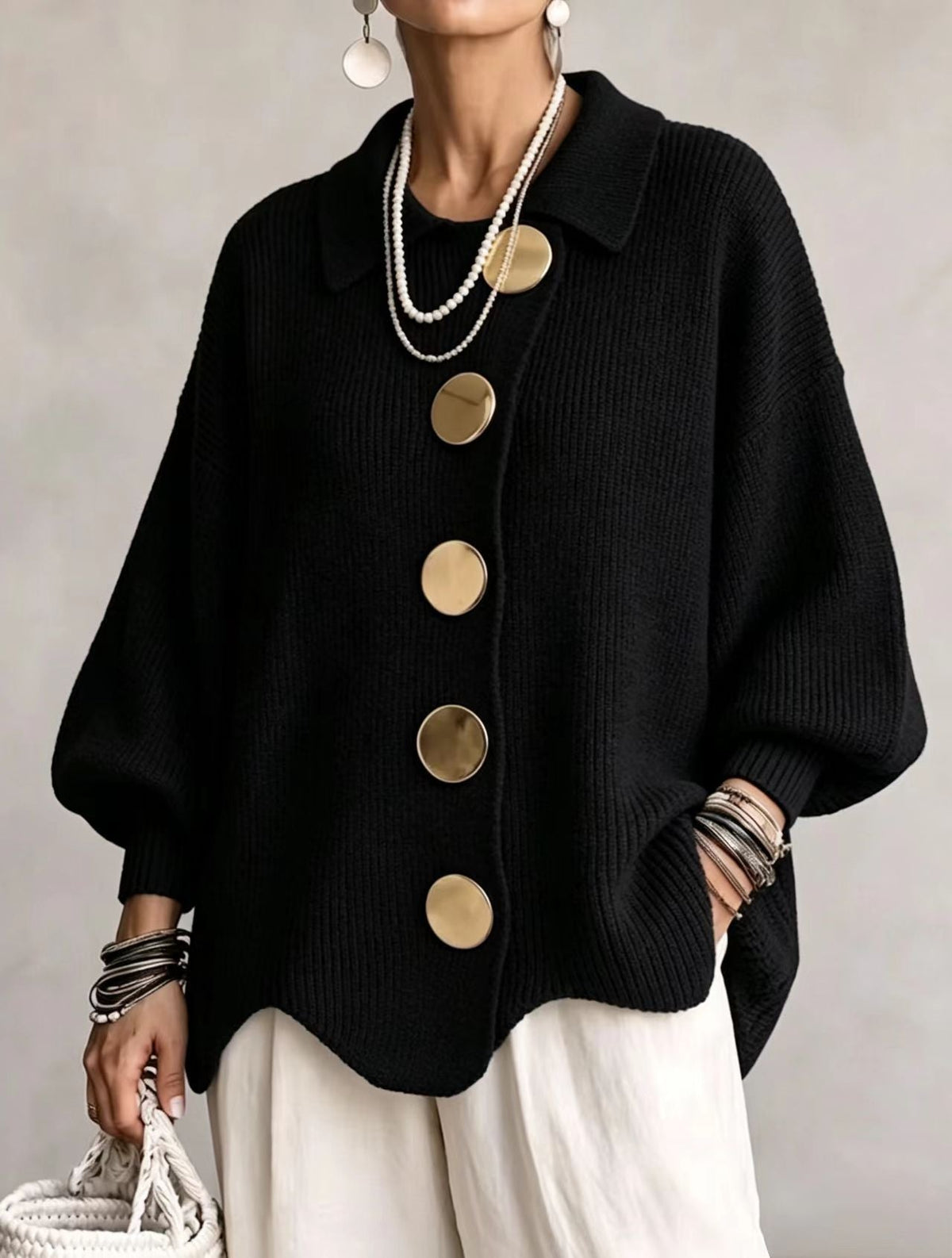 ROUSSEAU BORDEAUX | CARDIGAN OVERSIZE À GROS BOUTONS DORÉS POUR FEMMES