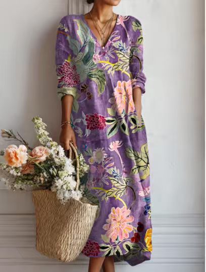 ROUSSEAU BORDEAUX| ROBE MIDI EN LIN FLORAL ANCIEN POUR FEMMES