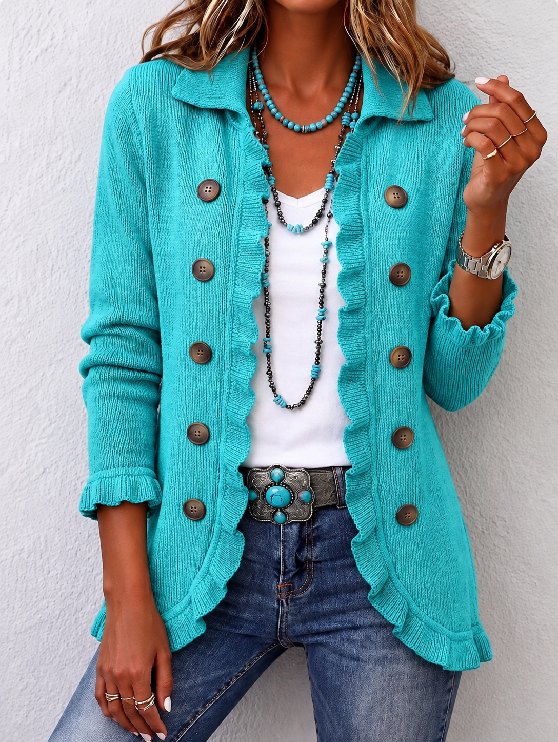 ROUSSEAU BORDEAUX | VESTE EN TRICOT TURQUOISE À VOLANTS POUR FEMMES