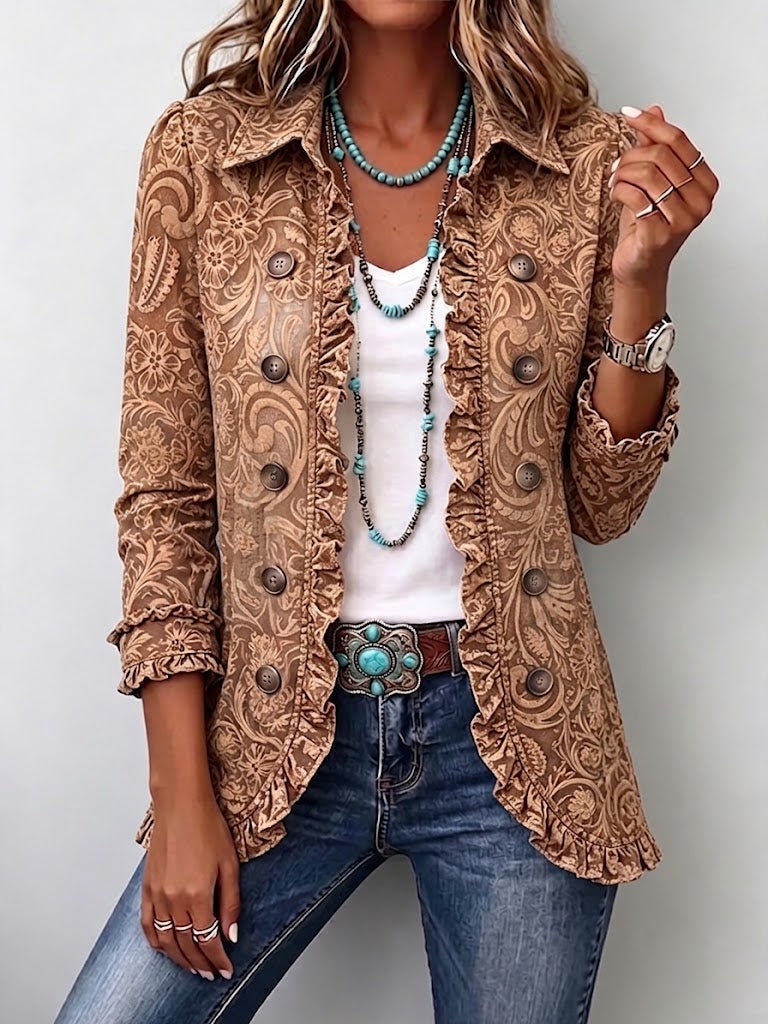 ROUSSEAU BORDEAUX | VESTE FLORALE VINTAGE À VOLANTS POUR FEMMES