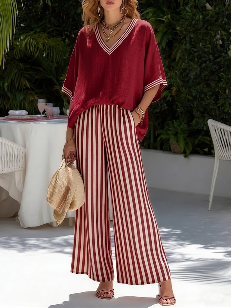 ROUSSEAU BORDEAUX | ENSEMBLE DE DEUX PIÈCES AVEC HAUT À COL EN V ET PANTALON LARGE POUR FEMMES