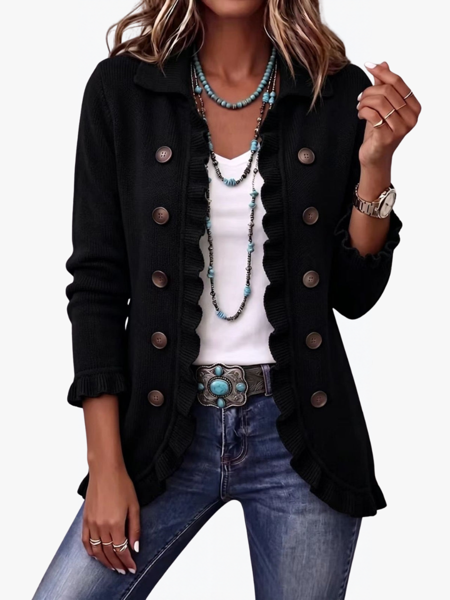 ROUSSEAU BORDEAUX | VESTE EN TRICOT NOIR À VOLANTS POUR FEMMES