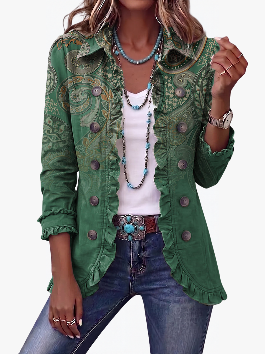 ROUSSEAU BORDEAUX | VESTE À MOTIF PAISLEY VERT À VOLANTS POUR FEMMES