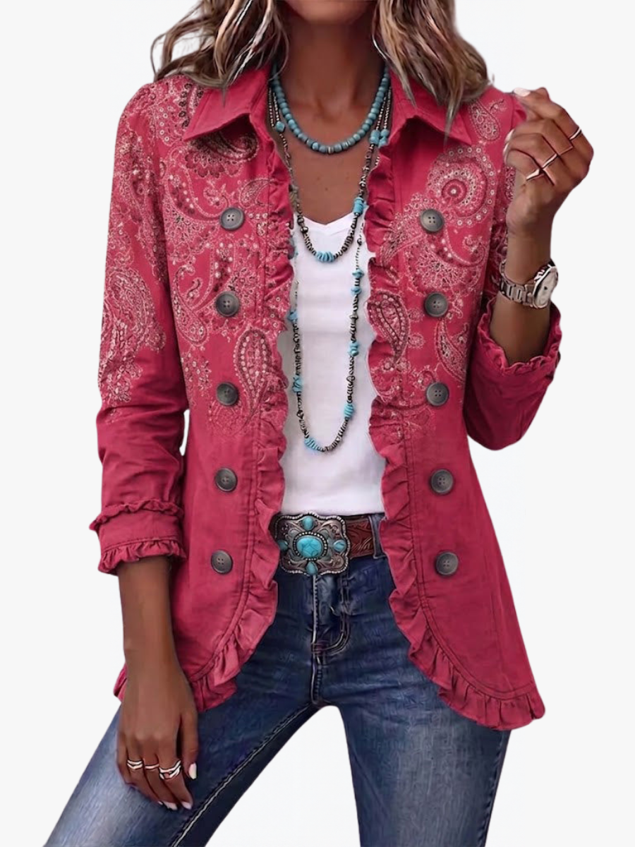 ROUSSEAU BORDEAUX | VESTE À MOTIF PAISLEY ROSE À VOLANTS POUR FEMMES