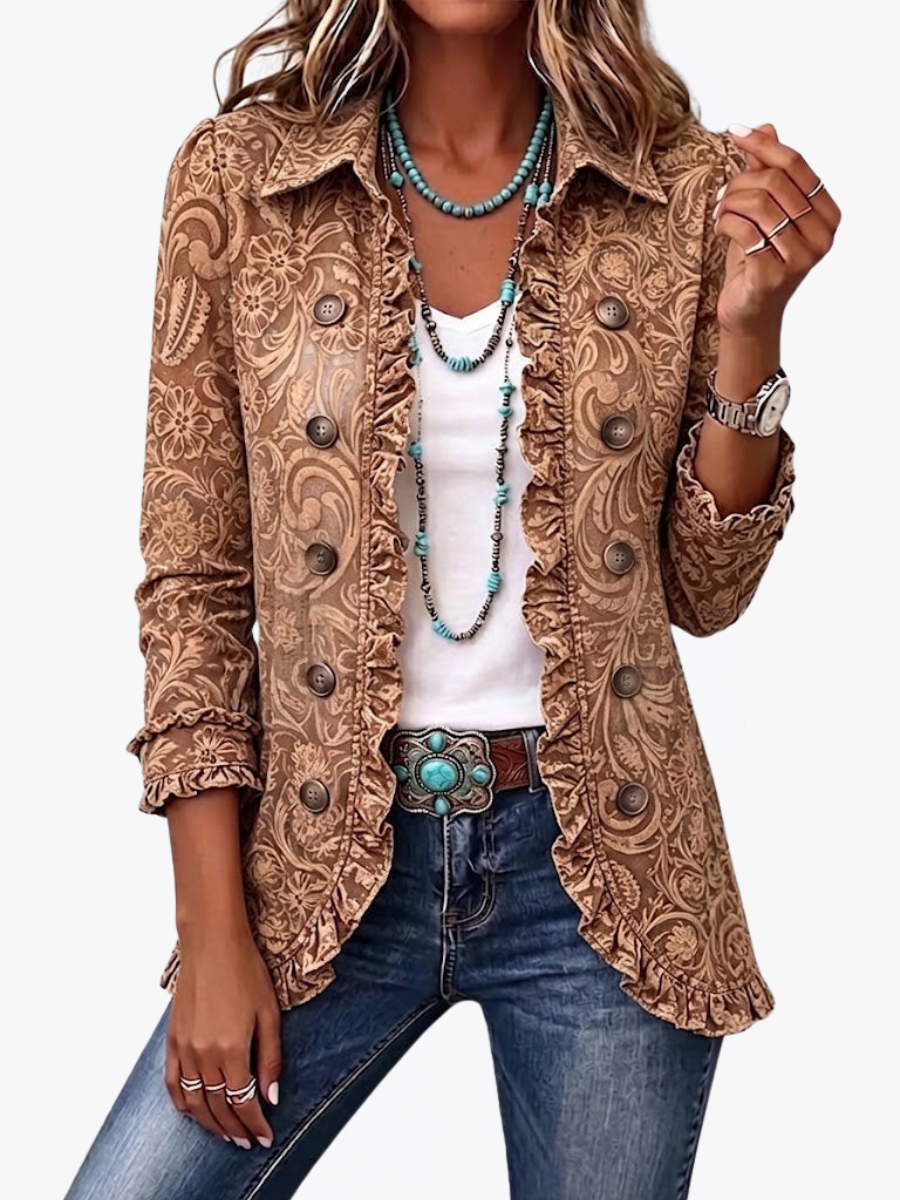 ROUSSEAU BORDEAUX | VESTE FLORALE VINTAGE À VOLANTS POUR FEMMES