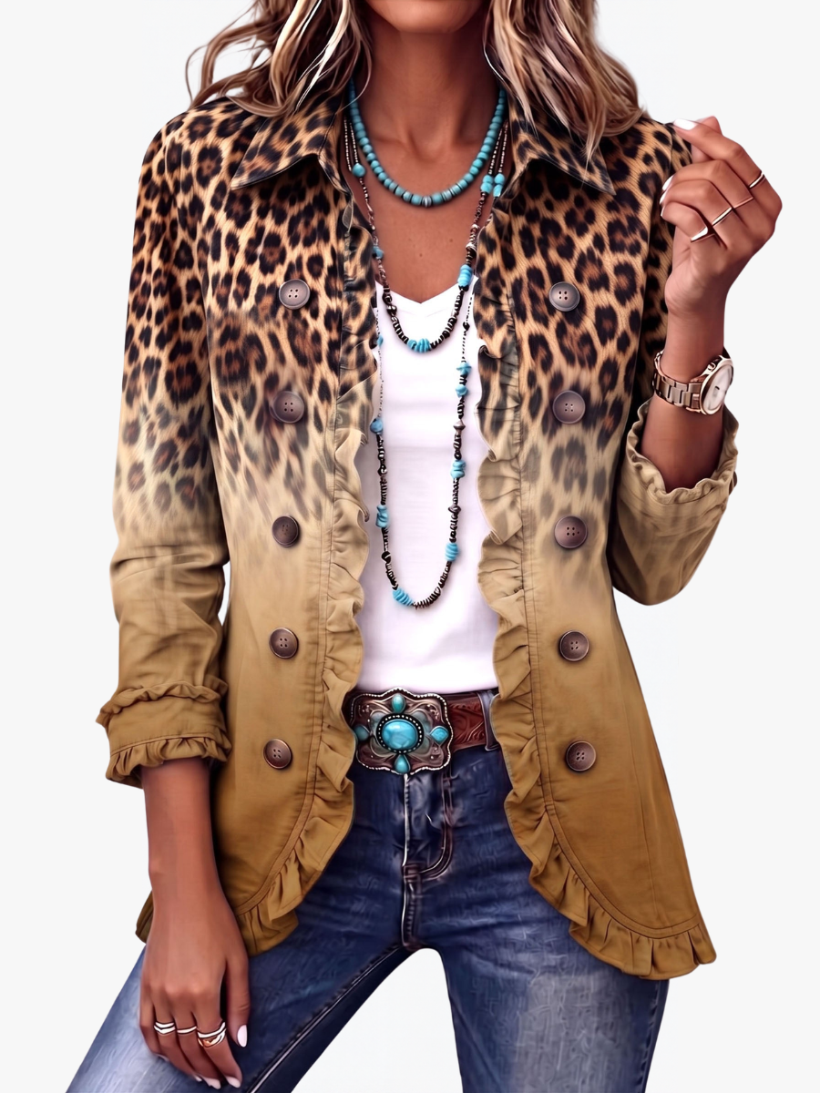 ROUSSEAU BORDEAUX | BLAZER LÉOPARD OCRE À VOLANTS POUR FEMMES