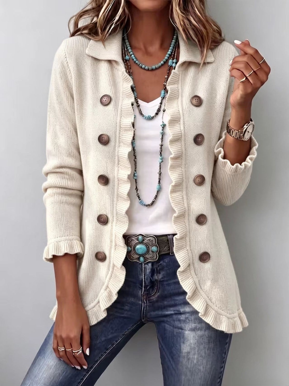 ROUSSEAU BORDEAUX | VESTE EN TRICOT IVOIRE À VOLANTS POUR FEMMES