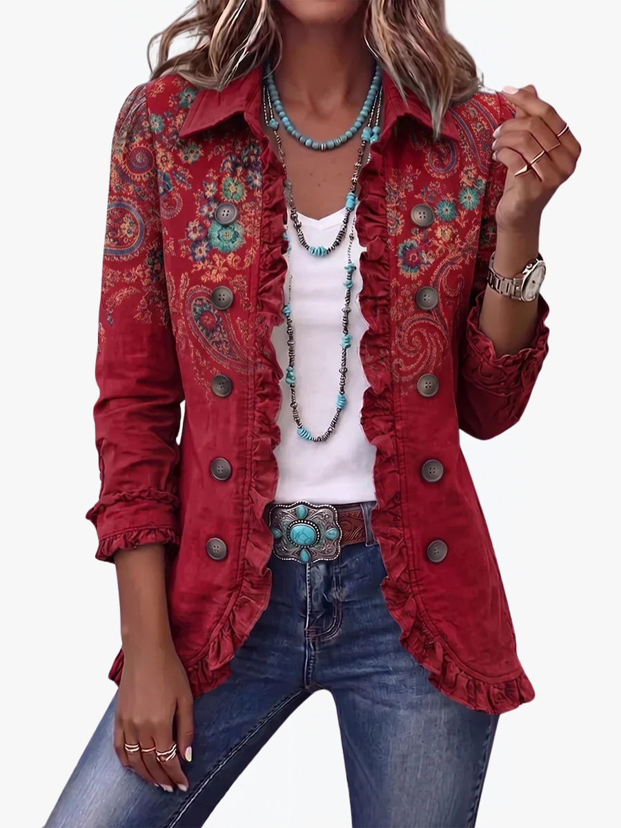 ROUSSEAU BORDEAUX | VESTE À MOTIF PAISLEY À VOLANTS POUR FEMMES