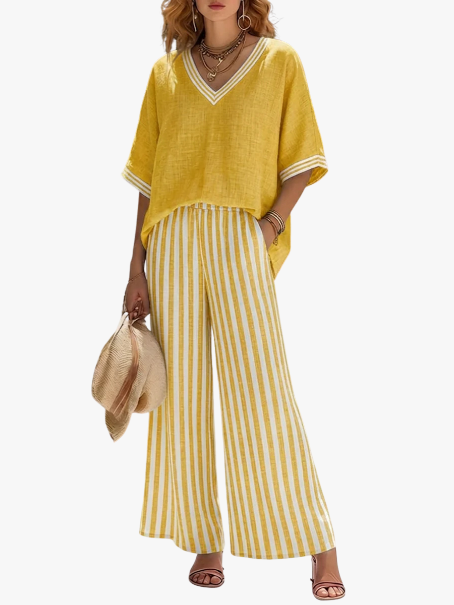 ROUSSEAU BORDEAUX | ENSEMBLE DE DEUX PIÈCES AVEC HAUT À COL EN V ET PANTALON LARGE POUR FEMMES