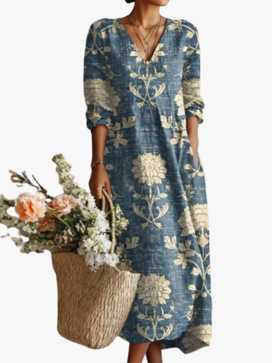 ROUSSEAU BORDEAUX| ROBE MIDI EN LIN FLORAL ANCIEN POUR FEMMES