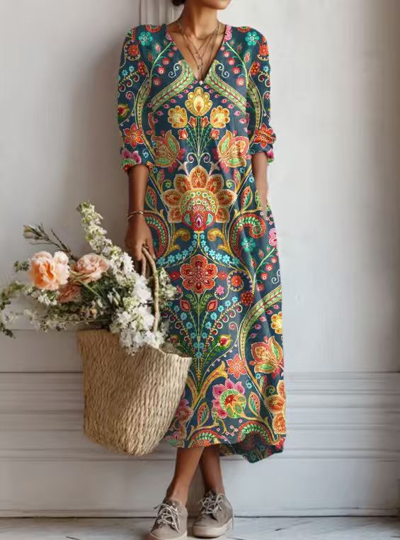 ROUSSEAU BORDEAUX| ROBE MIDI EN LIN FLORAL ANCIEN POUR FEMMES
