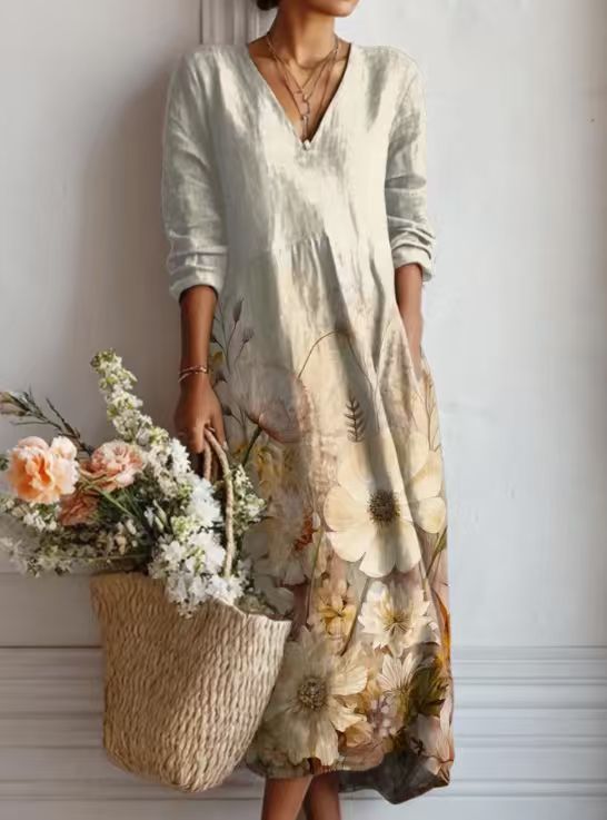 ROUSSEAU BORDEAUX| ROBE MIDI EN LIN FLORAL ANCIEN POUR FEMMES