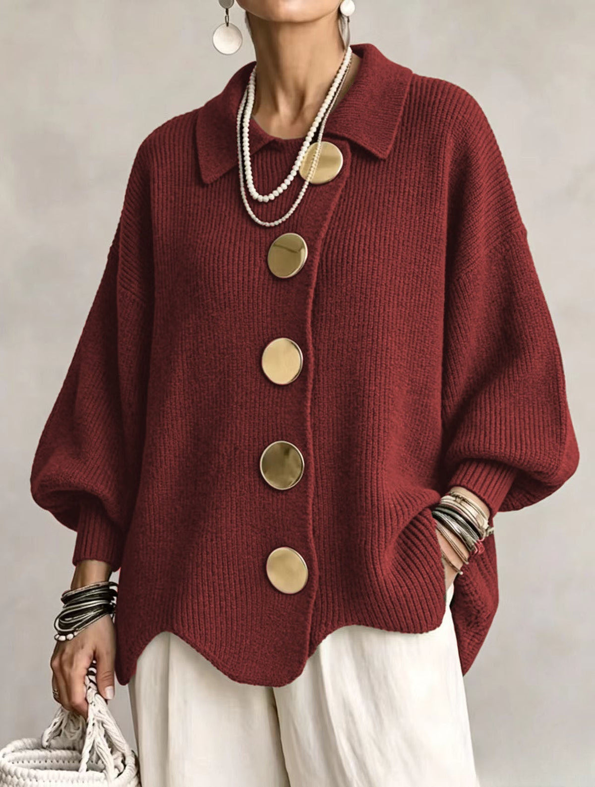 ROUSSEAU BORDEAUX | CARDIGAN OVERSIZE À GROS BOUTONS DORÉS POUR FEMMES