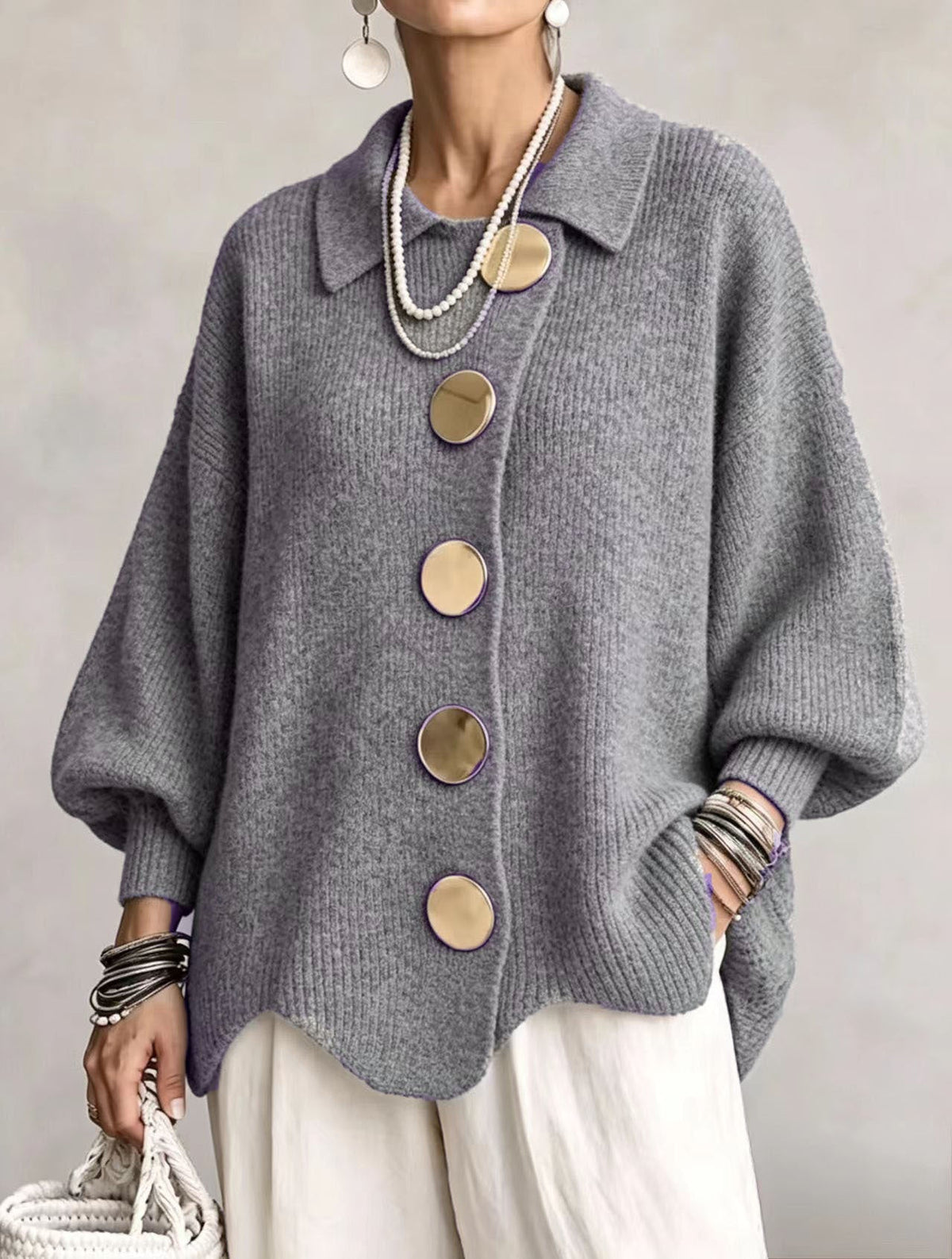 ROUSSEAU BORDEAUX | CARDIGAN OVERSIZE À GROS BOUTONS DORÉS POUR FEMMES