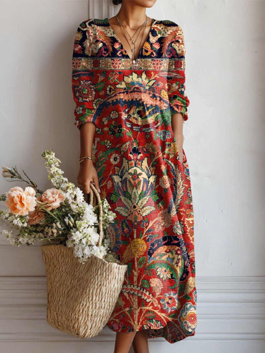ROUSSEAU BORDEAUX| ROBE MIDI EN LIN FLORAL ANCIEN POUR FEMMES