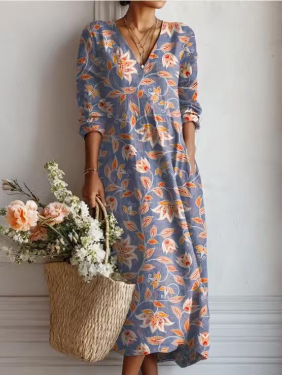 ROUSSEAU BORDEAUX| ROBE MIDI EN LIN FLORAL ANCIEN POUR FEMMES