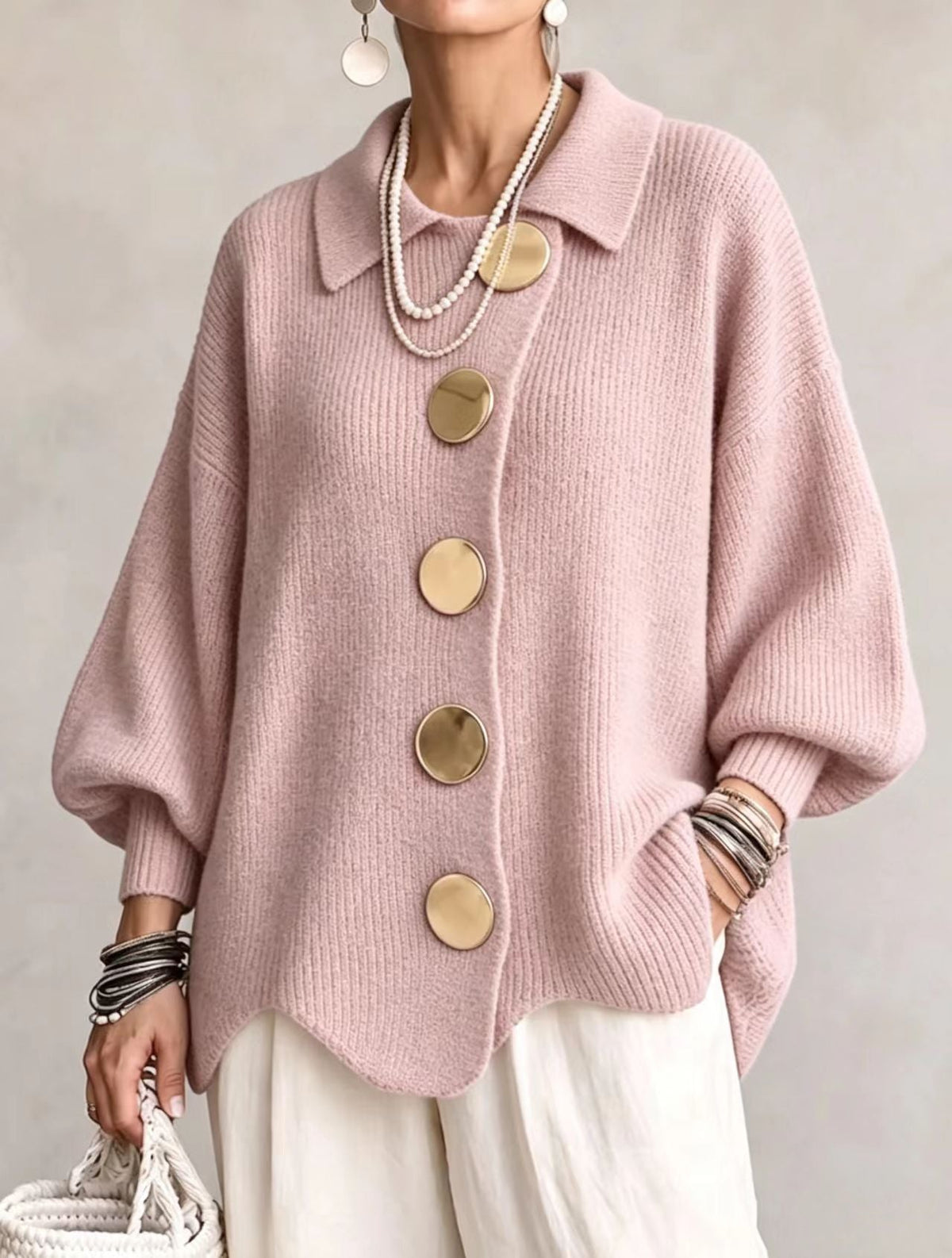 ROUSSEAU BORDEAUX | CARDIGAN OVERSIZE À GROS BOUTONS DORÉS POUR FEMMES