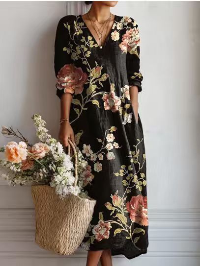 ROUSSEAU BORDEAUX| ROBE MIDI EN LIN FLORAL ANCIEN POUR FEMMES