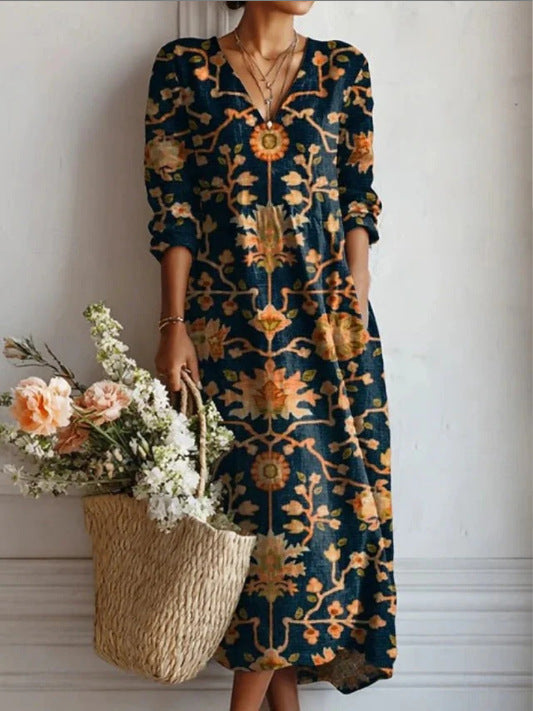 ROUSSEAU BORDEAUX| ROBE MIDI EN LIN FLORAL ANCIEN POUR FEMMES