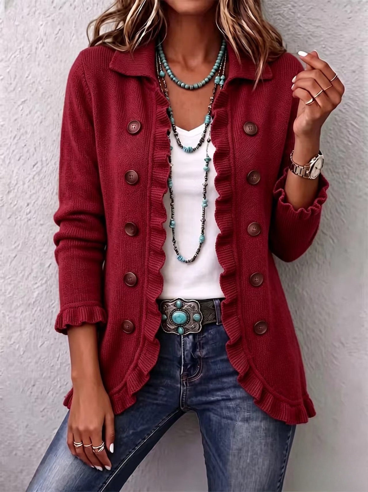 ROUSSEAU BORDEAUX | VESTE EN MAILLE ROUGE RUBIS À VOLANTS POUR FEMMES