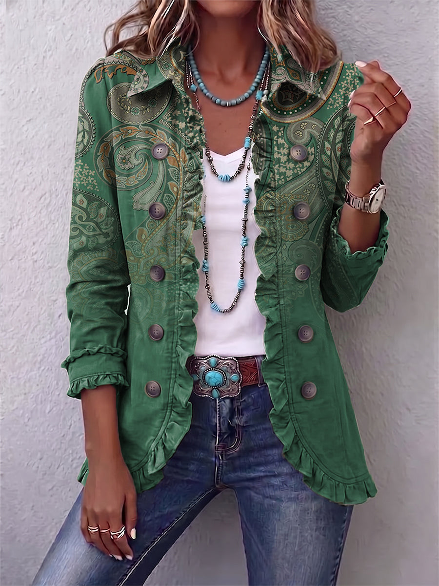 ROUSSEAU BORDEAUX | VESTE À MOTIF PAISLEY VERT À VOLANTS POUR FEMMES