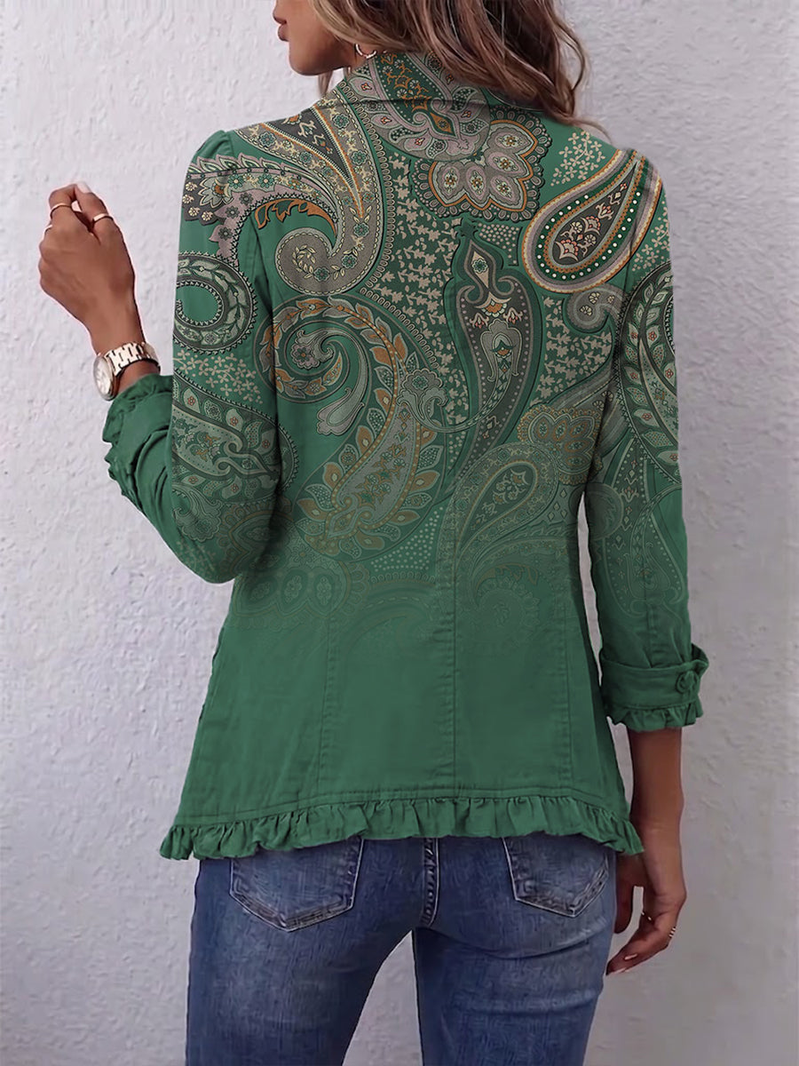 ROUSSEAU BORDEAUX | VESTE À MOTIF PAISLEY VERT À VOLANTS POUR FEMMES
