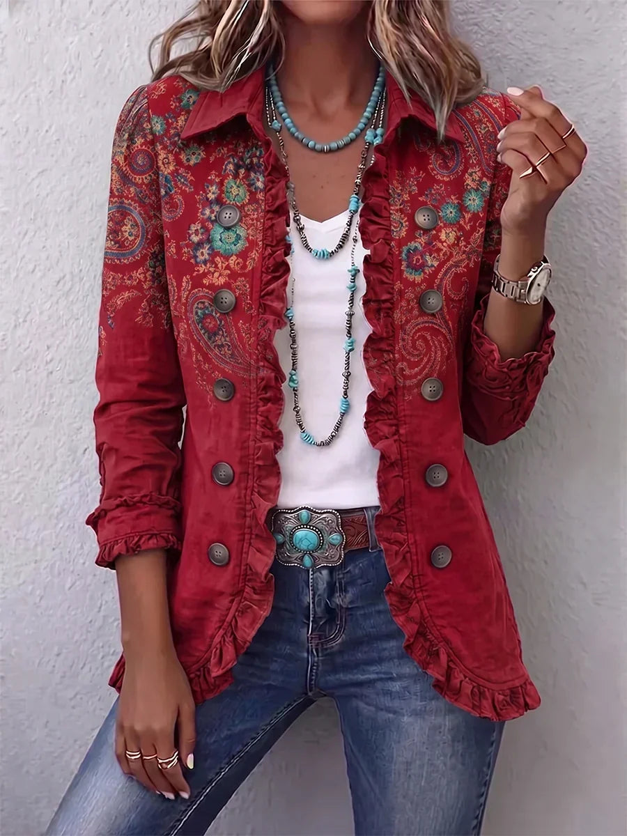 ROUSSEAU BORDEAUX | VESTE À MOTIF PAISLEY À VOLANTS POUR FEMMES
