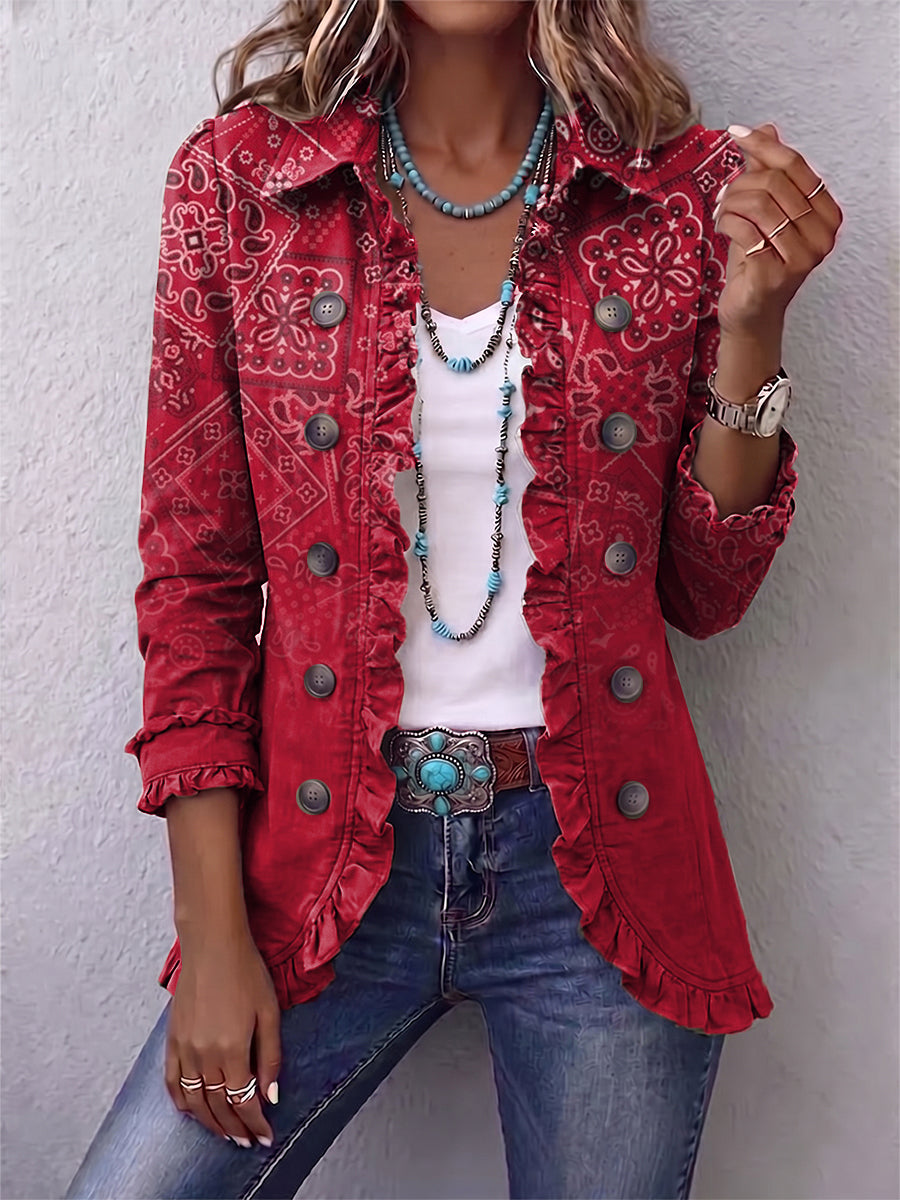 ROUSSEAU BORDEAUX | VESTE À MOTIF PAISLEY DÉGRADÉ À VOLANTS POUR FEMMES