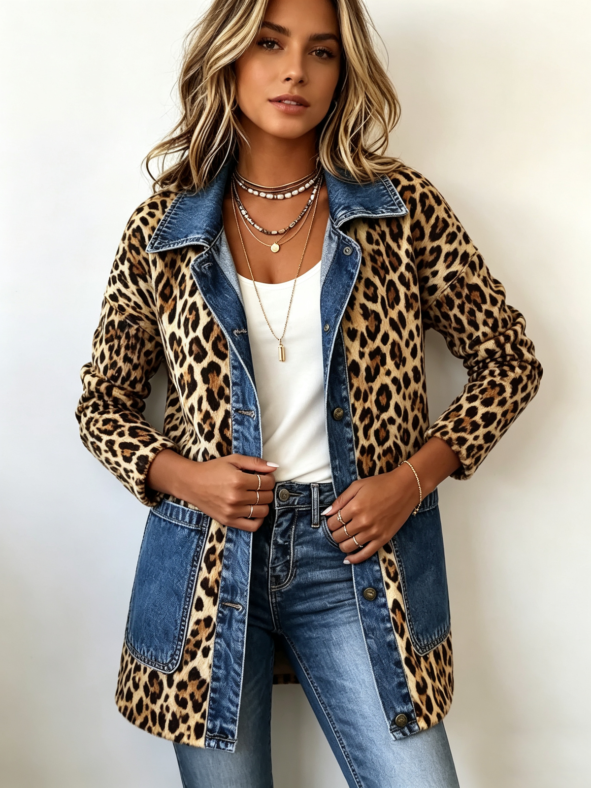ROUSSEAU BORDEAUX | VESTE LONGUE LÉOPARD ET JEAN POUR FEMMES