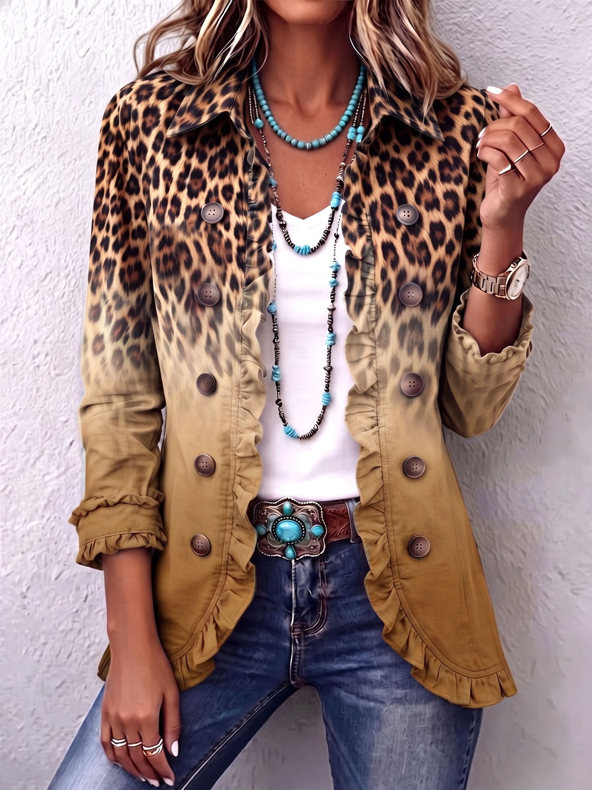 ROUSSEAU BORDEAUX | BLAZER LÉOPARD OCRE À VOLANTS POUR FEMMES
