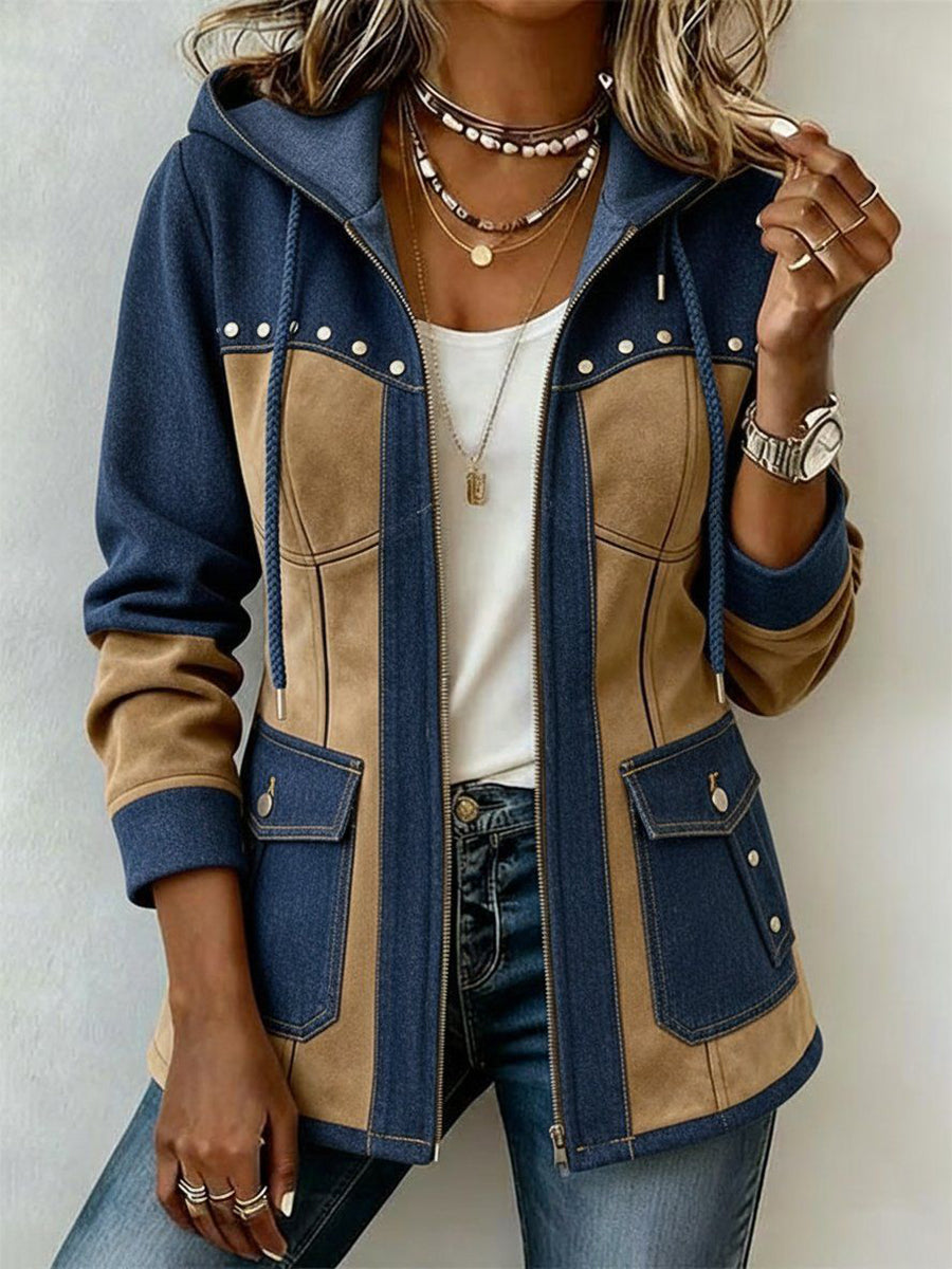 ROUSSEAU BORDEAUX | VESTE À CAPUCHE MARINE ET CAMEL POUR FEMMES