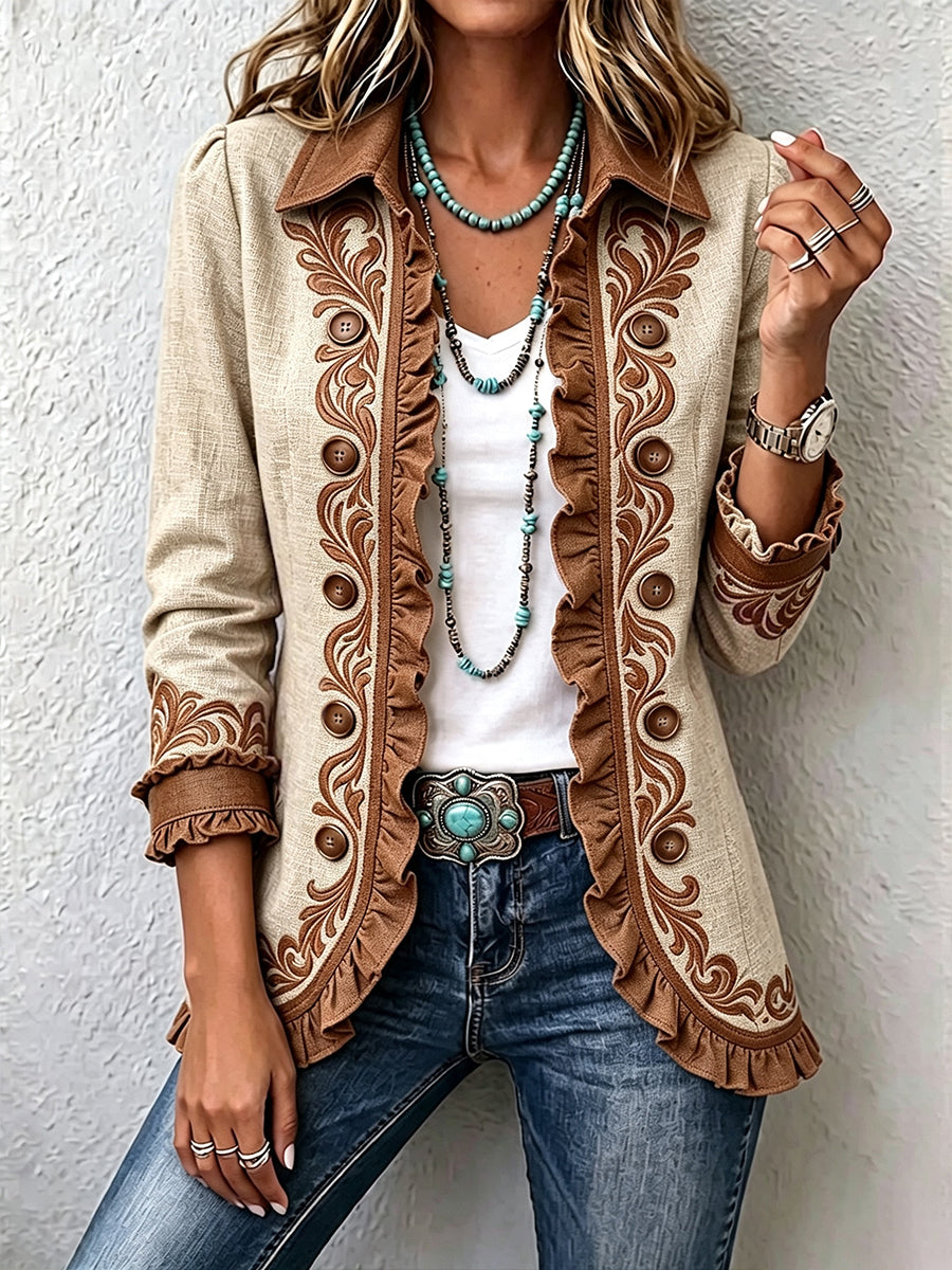 ROUSSEAU BORDEAUX | VESTE FLORALE BRODÉE À VOLANTS POUR FEMMES