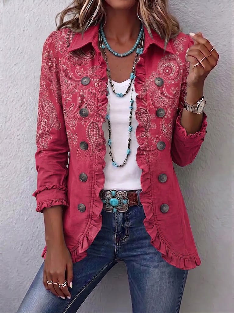ROUSSEAU BORDEAUX | VESTE À MOTIF PAISLEY ROSE À VOLANTS POUR FEMMES