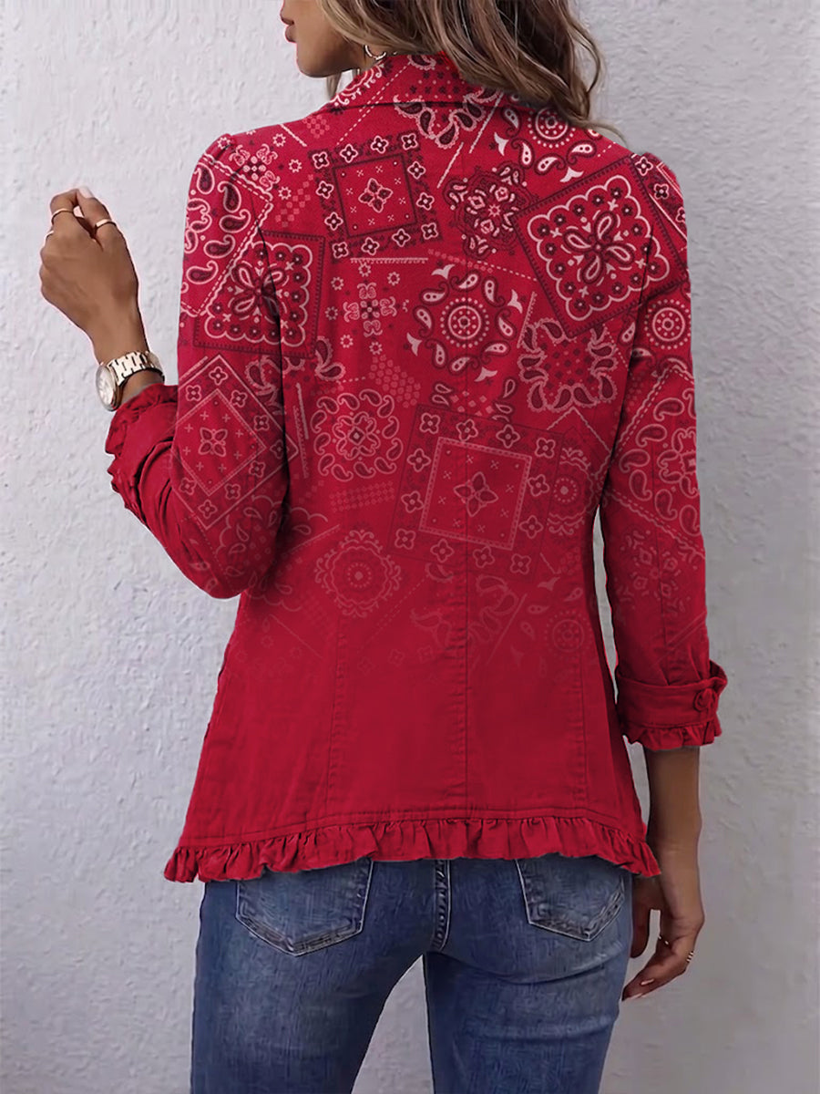 ROUSSEAU BORDEAUX | VESTE À MOTIF PAISLEY DÉGRADÉ À VOLANTS POUR FEMMES